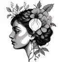 light bulb, flowers, lady head profile tattoo design idea