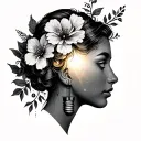 light bulb, flowers, lady head profile tattoo design idea