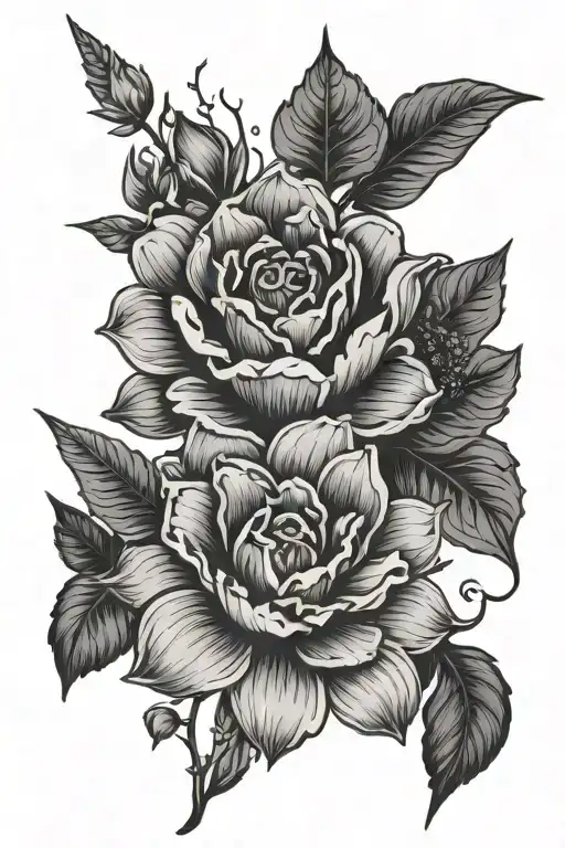 August flower with “Easton” written in the stem, February flower in the middle, and November flower with "Lola" in stem tattoo design idea