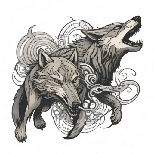 A tattoo featuring a wolf and a dolphin running together in a stylized and abstract manner, reflecting the client's love for both animals tattoo design idea