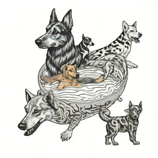 A large swimming pool filled with various breeds of dogs swimming, in a black-grey style tattoo design idea