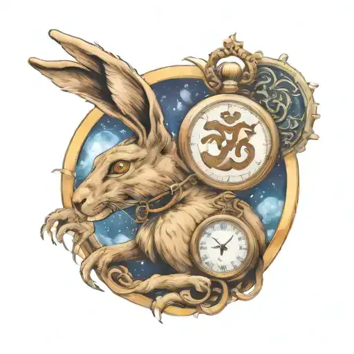 Hare with om symbol, trinket, watch and A sichel moon in the background surrounded by a dragon tattoo design idea