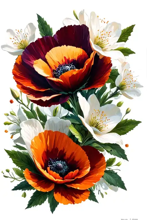 California poppies, gardenias, cherry blossom branches tattoo design idea
