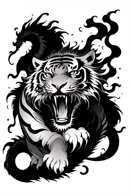 A dynamic Irezumi-style fierce tiger climbing upward, seamlessly transitioning into a majestic dragon, in detail tattoo design idea