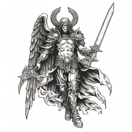 Dark archangel michael holding a sword in one hand and a scale raised high in the other hand with his face darkened tattoo design idea