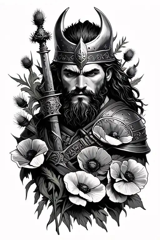 Scottish warrior with poppies, thistles wrapped and a viking theme tattoo design idea