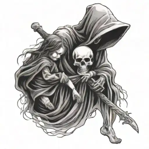 Death holds a life-size child in his arms with a scythe tattoo design idea