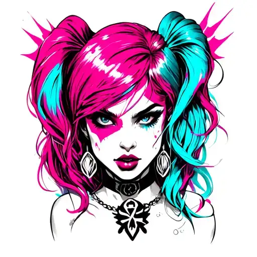 Tattoo design of a chaotic girl inspired by Harley Quinn and Jinx from Arcane, vibrant neon pink and blue, fine-lin tattoo design idea