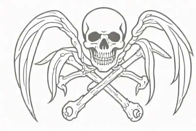 Black and white old school Tattoo design with crossed feathers that have skeleton hands on their tips (jolly roger) tattoo design idea