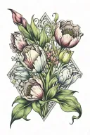 inside diamond shape colored realistic tulips, snowdrop, and poppy flowers. outside shape minimaist flowers tattoo design idea