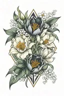 inside diamond shape colored realistic tulips, snowdrop, and poppy flowers. outside shape minimaist flowers tattoo design idea