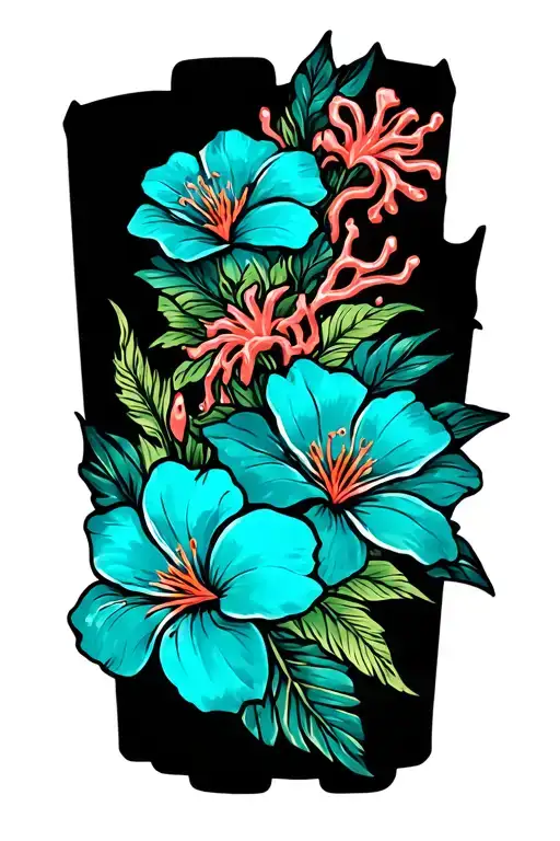 Tropical thigh sleeve tattoo for man colorful with 3 turquoise flowers and 3 coral flowers  tattoo design idea