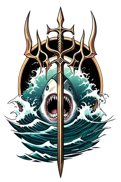 Poseidons Trident With Waves crashing and shark swimming tattoo design idea