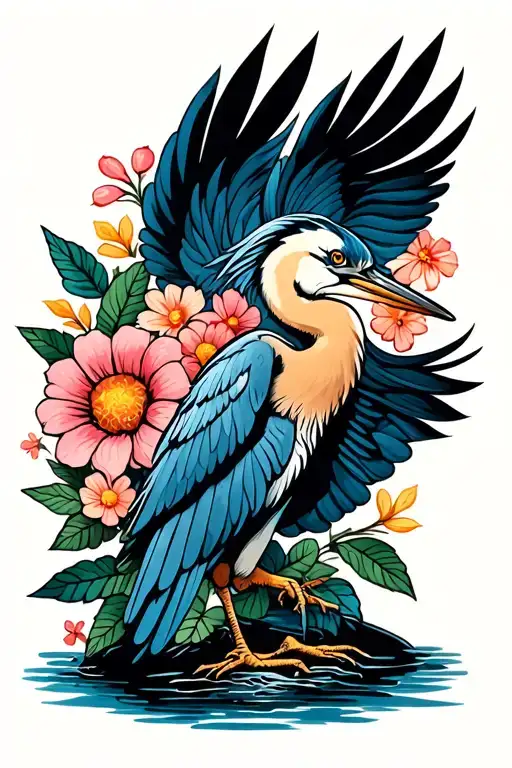 blue heron with flowers intertwined tattoo design idea
