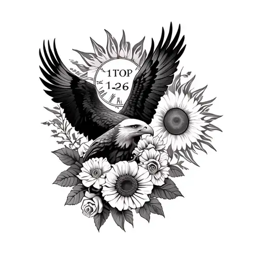 Flowers with stop watched stopped 11-26 iln Roman numerals and bald eagle with Roses ands sun flowers all intertwined ma tattoo design idea