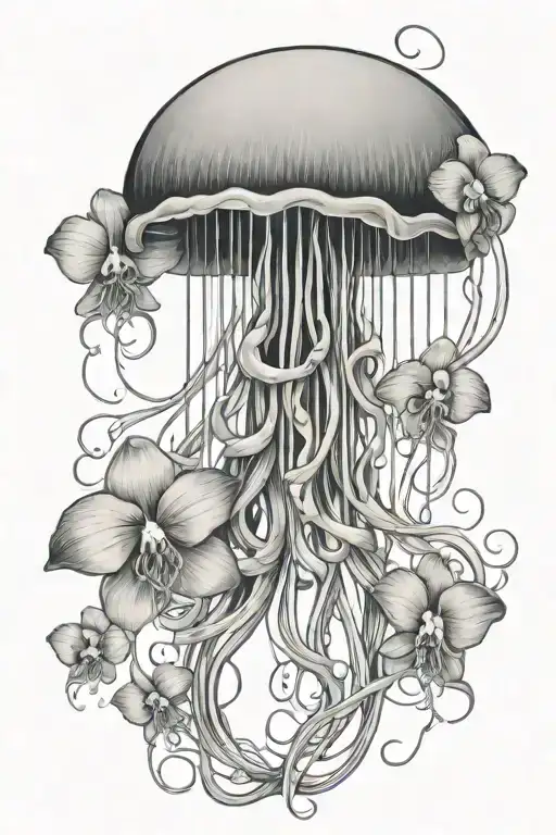 long jellyfish with orchids in its tentacles tattoo design idea