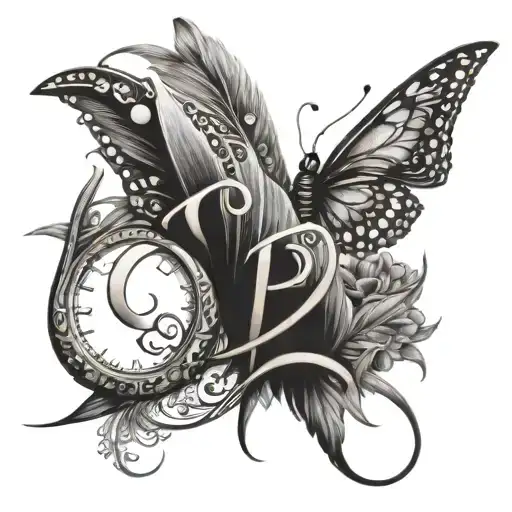 Model me a tattoo with a feather, with the browing logo, a butterfly, the letter r, glitter and a half tattoo design idea