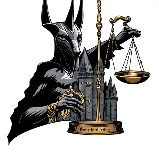Anubis with the scales of justice, Hogwarts Castle and inscription from the One Ring from The Lord of the Rings. tattoo design idea