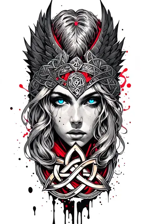 Valkyrie with blue eyes with long hair on tattoo design featuring Celtic trinity knot  tattoo design idea