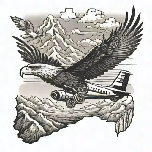 plane, train, eagle soaring, mountains tattoo design idea