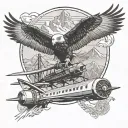 plane, train, eagle soaring, mountains tattoo design idea