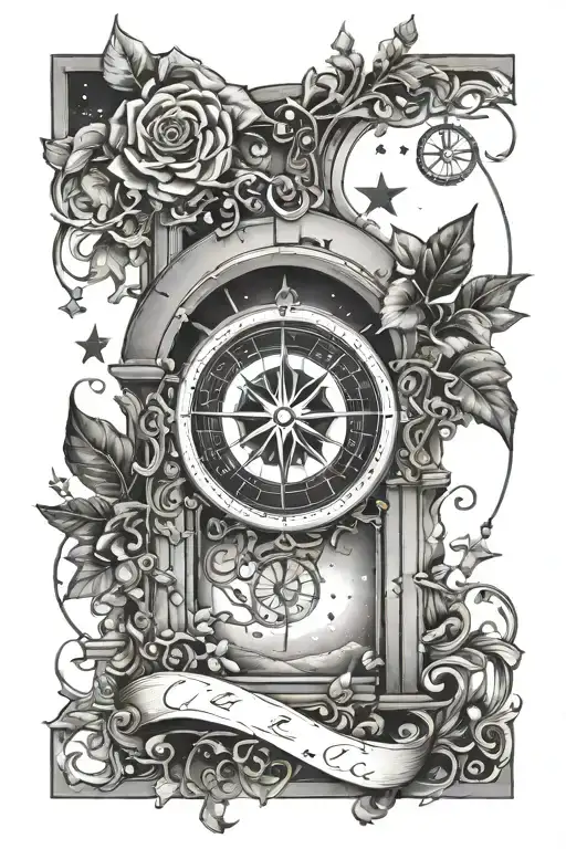 arch monument with wrapping vine, compass, and space constellation.  tattoo design idea