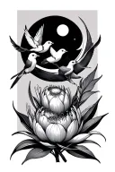 A single-line wildflower (like a protea) 🌸A crescent moon 🌙A small flame or spark 🔥Three fine birds in flight  tattoo design idea