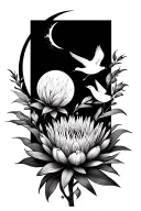 A single-line wildflower (like a protea) 🌸A crescent moon 🌙A small flame or spark 🔥Three fine birds in flight  tattoo design idea