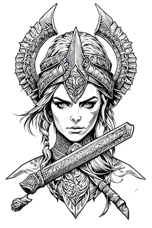 face Valkyrie warrior wielding a sword going tattoo design idea