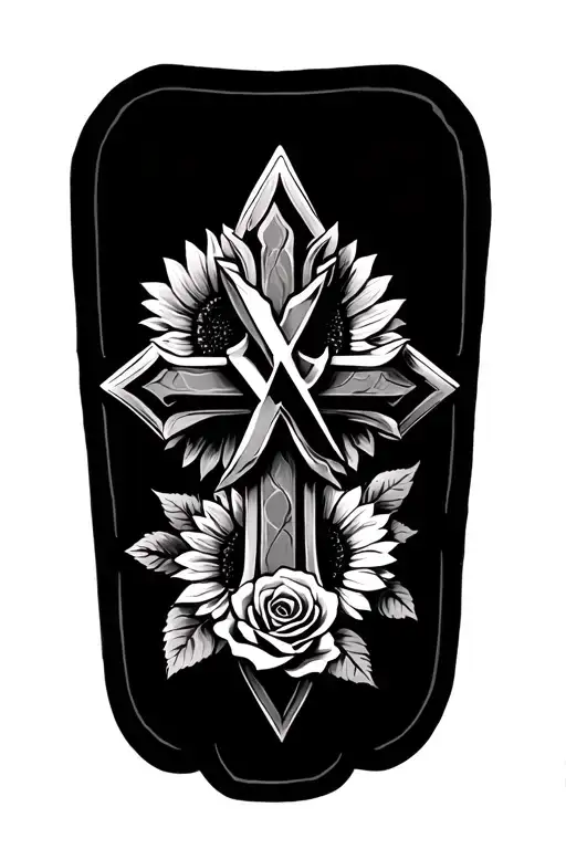 Cross tattoo with X-XIV-MCMLXII inside of it and a rose and sunflower around it tattoo design idea