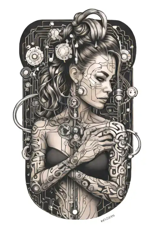 fitness muscled women with technology circuits merging tattoo design idea