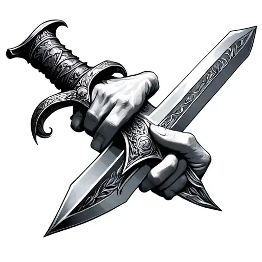 2 hand holding excalibur sword tattoo design idea