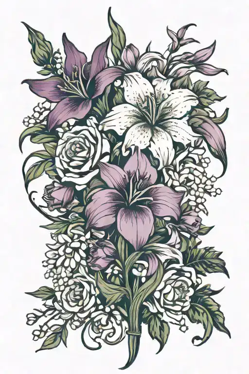 gladiolus, cosmos, rose, chrysanthemum, violet, lily of the valley  tattoo design idea