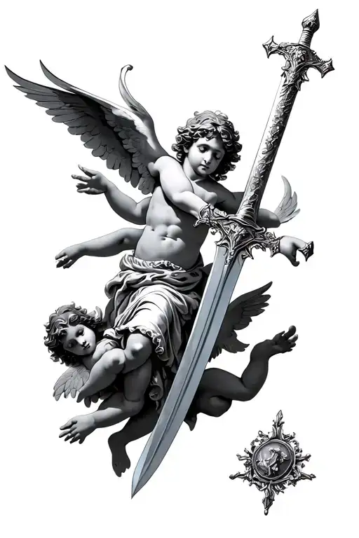 sword and cherubs flying tattoo design idea