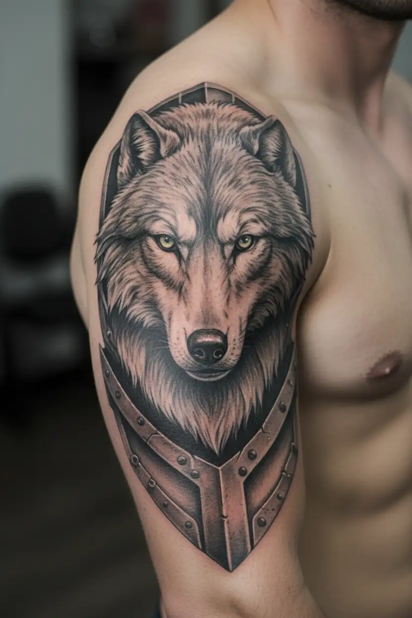 realistic body armor with wolf  tattoo design idea