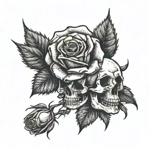 Rose and growing from a skull on thorny stems tattoo design idea
