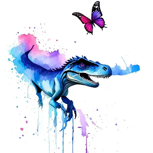 velociraptor with blue, pink, purple butterfly tattoo design idea