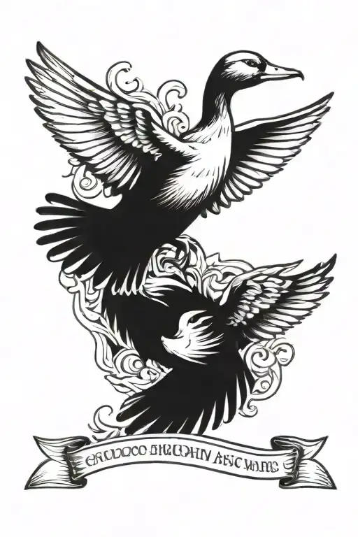 duck with spread wings and Memento mori text tattoo design idea