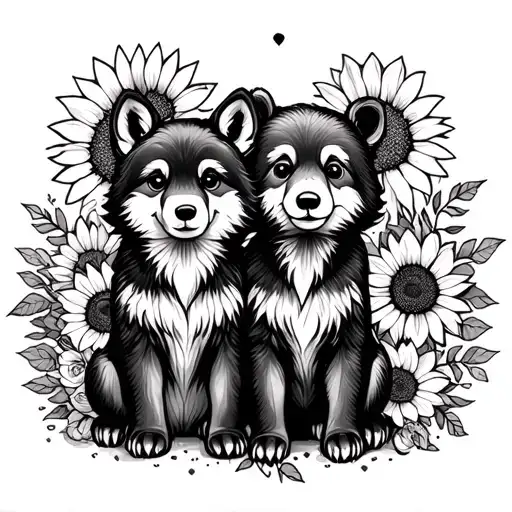  cute baby wolf and bear sitting with sunflowers and roses. black tattoo design idea