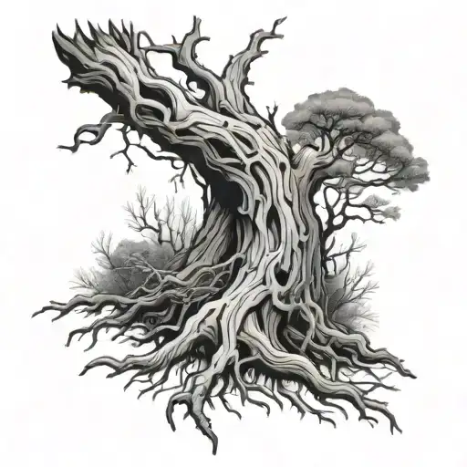 a dead tree being suffocated by "anger and regret" tattoo design idea