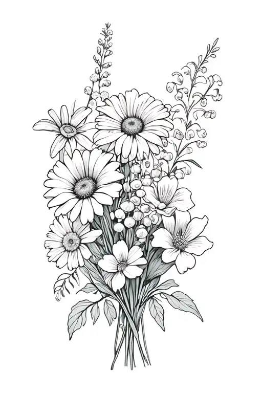 a bouquet of flowers; daisy, hawthorn, lily of the valley, rose ,larkspur,poppy & narcissus tattoo design idea