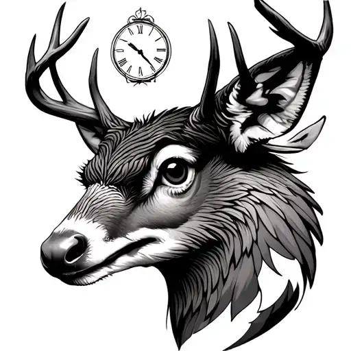 half deer half hawk face with clock in background  tattoo design idea