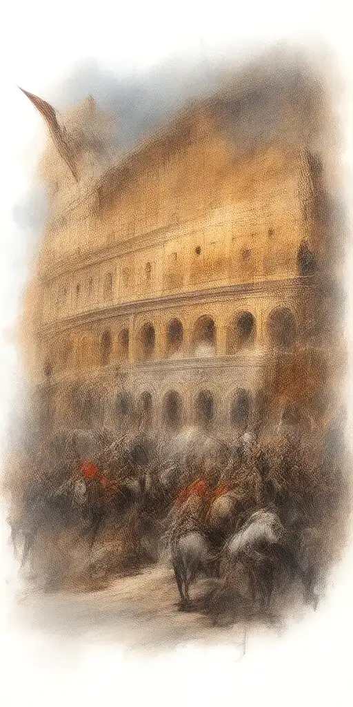 Roman Colosseum with soldiers and horses sleeve tattoo design idea