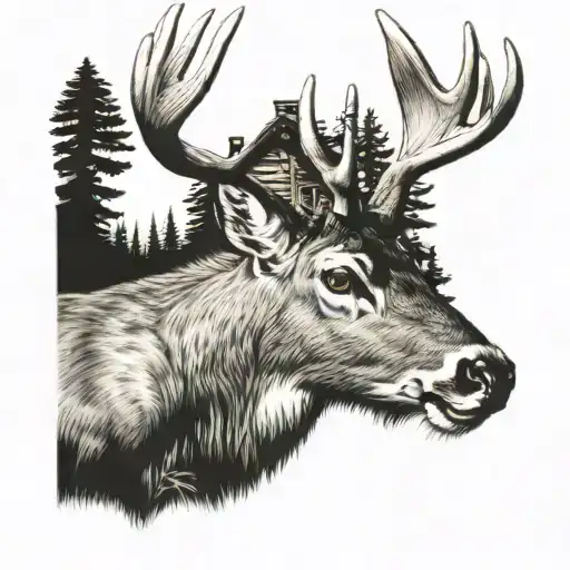 whitetail buck in front of cabin tattoo design idea
