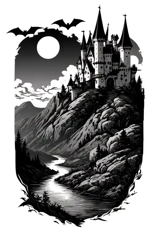 Haunted poenari dracula castle on mountain top with bats and moon and river below tattoo design idea