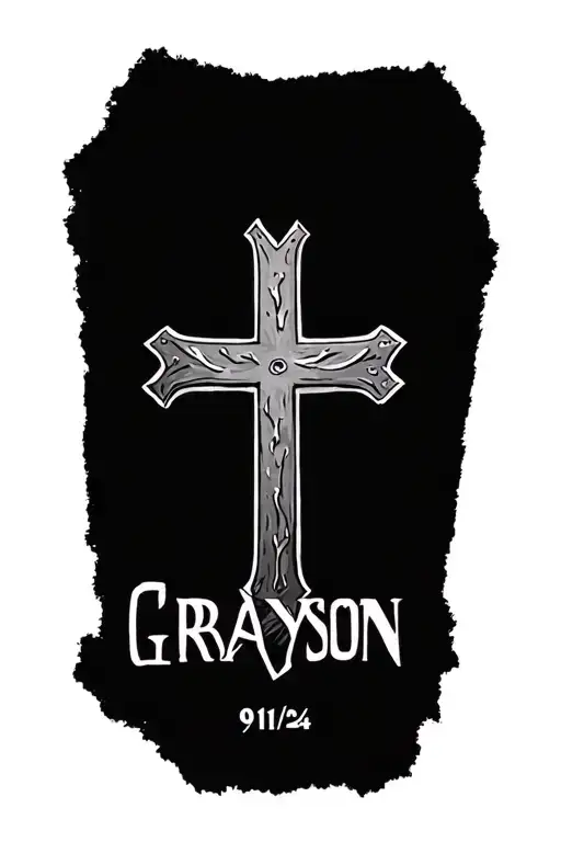 thin cross with the name Grayson and the date 9/11/24 tattoo design idea