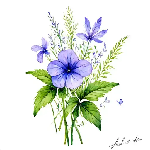 periwinkle (Vinca), feather grass, thyme, white strawberry flower and grass. tattoo design idea
