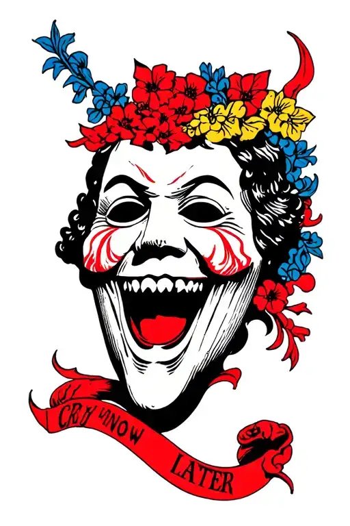 religious  laugh now cry later mask tattoo design idea