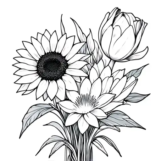 a bouquet of a sunflower, waterlilly and tulip flower tattoo design idea