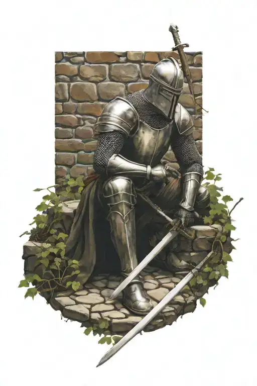 knight sitting against a medieval cobblestone wall with creeping vines and his sword on the ground. tattoo design idea